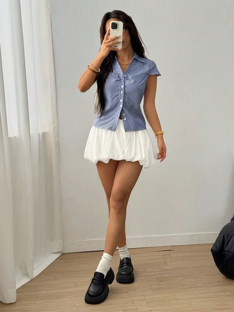 Outzidr  Blue Short Sleeve Collared Neck Front Buttoned Top for Women | Best Price UAE